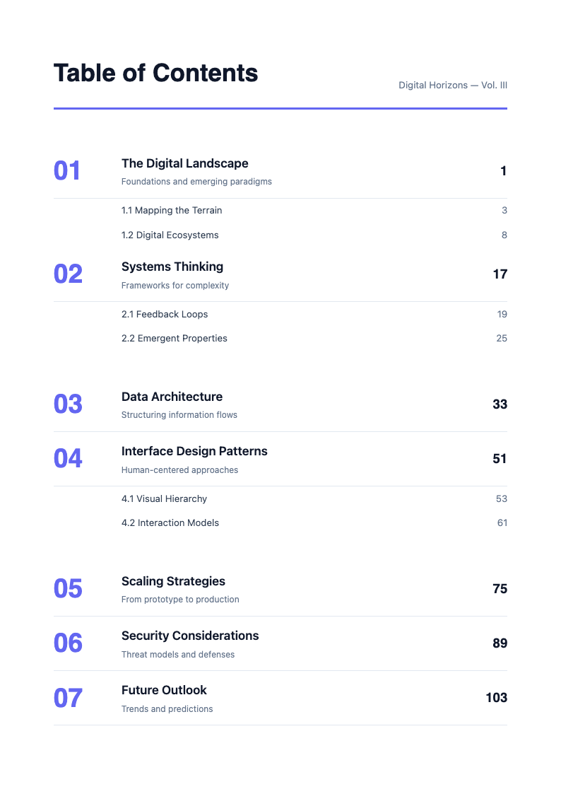 Bold contemporary book table of contents